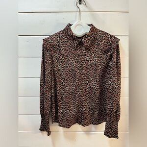 LOFTY MANNER Leopard Print Blouse – Burgundy & Black Ruffle Detail – Size XL
